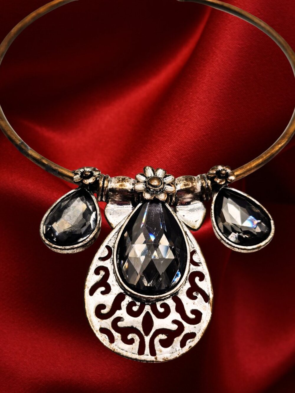 Boho Mixed Metal Torque Collar Necklace Smoky Gray Crystal Statement